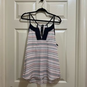 Athleta split neck racerback tassel back tank top coral stripe navy size medium